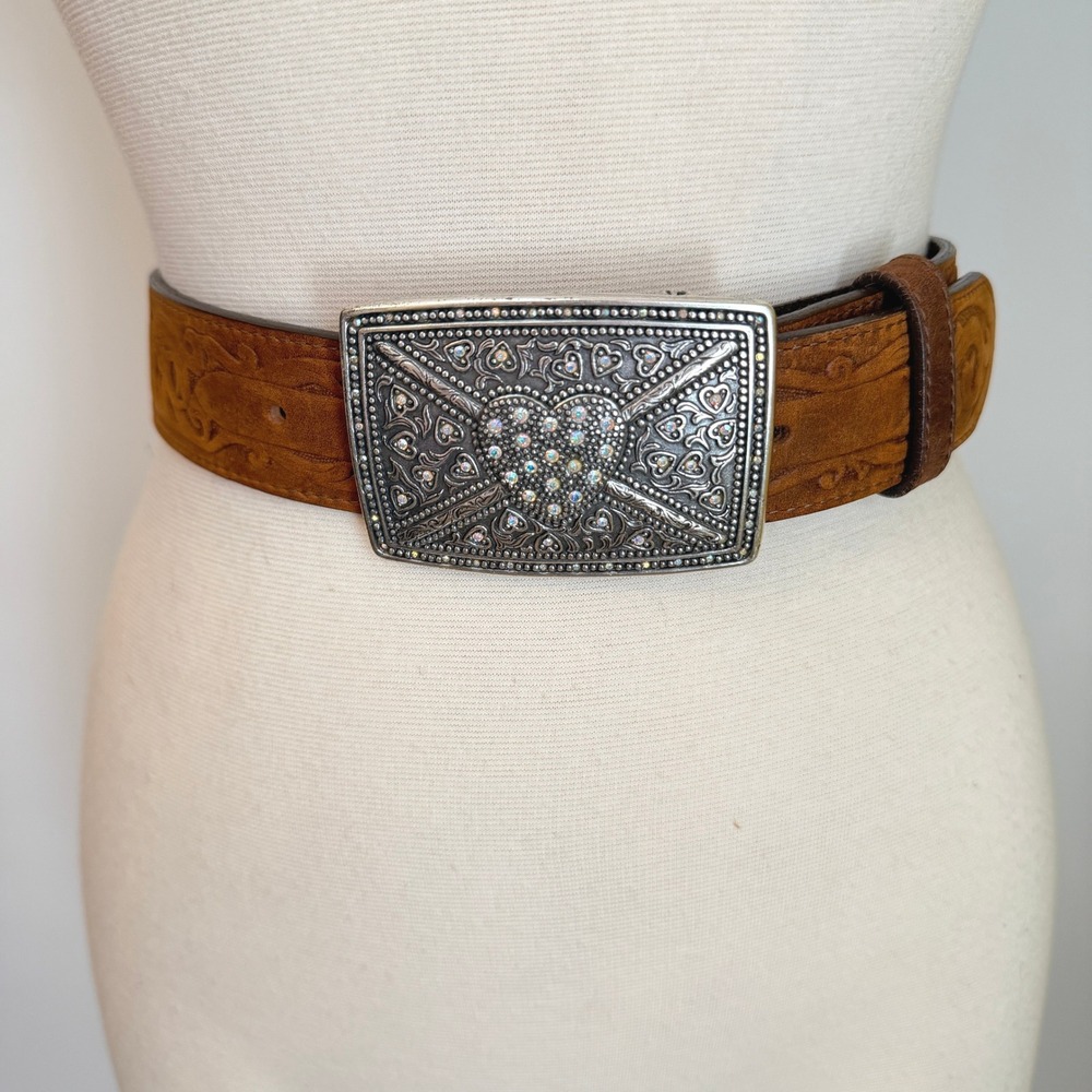 Tony Lama Brown Leather Floral Tooled Belt size 32 Heart Rhinestone western
